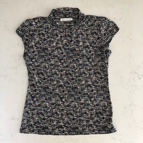 Melanie Lyne Cap Sleeve Faux Turtleneck Poly Abstract Print Top Navy Cream Sz L - Picture 9 of 9